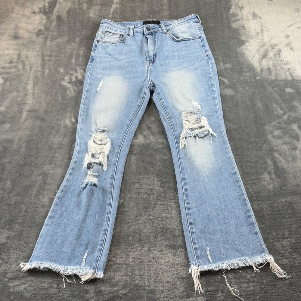 Risen Jeans Womens Light Wash Distressed Flare Raw Hem Denim RDP1096 Size 7 28